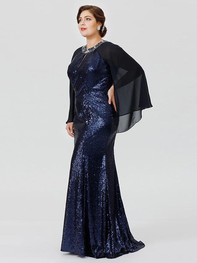 Meerjungfrau/Trompete Kleid für die Mutter der Braut, formell, schick und modern, glamourös und dramatisch, Übergröße, Rundhalsausschnitt, bodenlang, Chiffon, mit Pailletten, 3/4-Ärmel, nein, mit Kristallen und Perlen